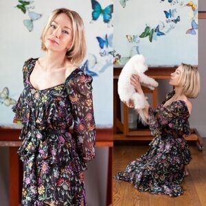 La DoubleJ Sissi Tiered Ruffle Midi Dress Babe in Silk Chiffon XS